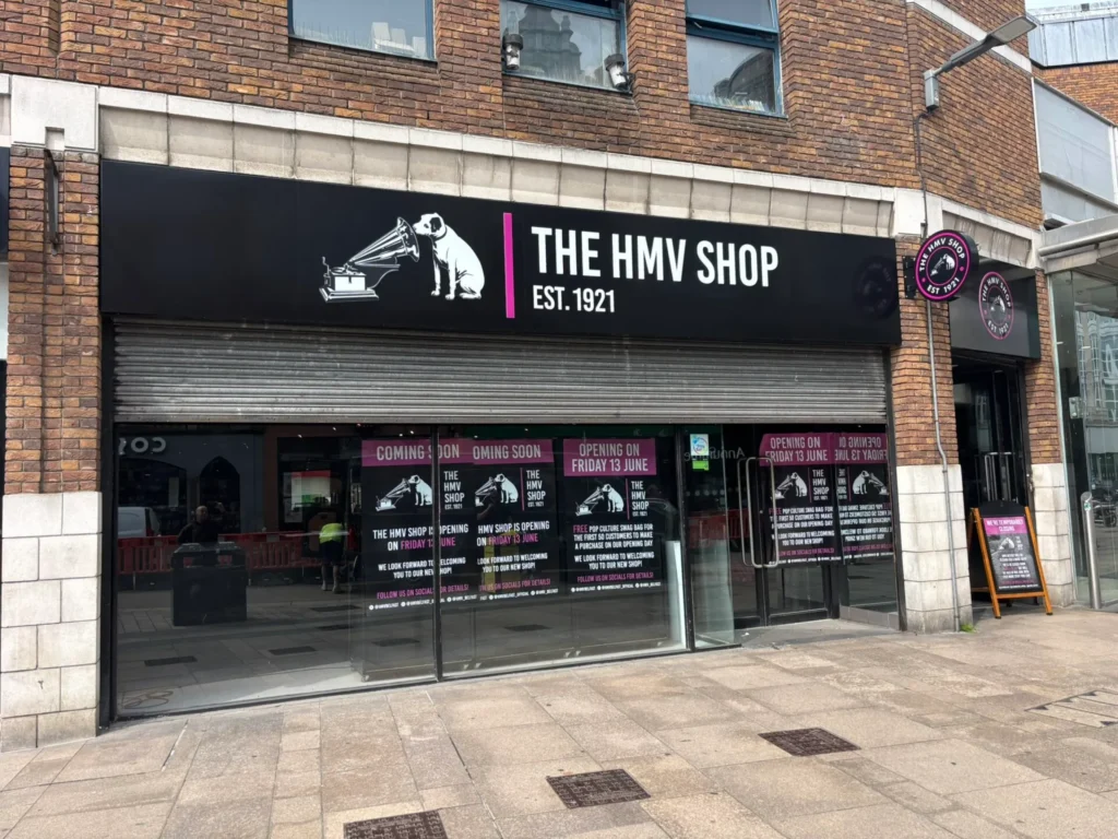 HMV shopfront with black fascia signage
