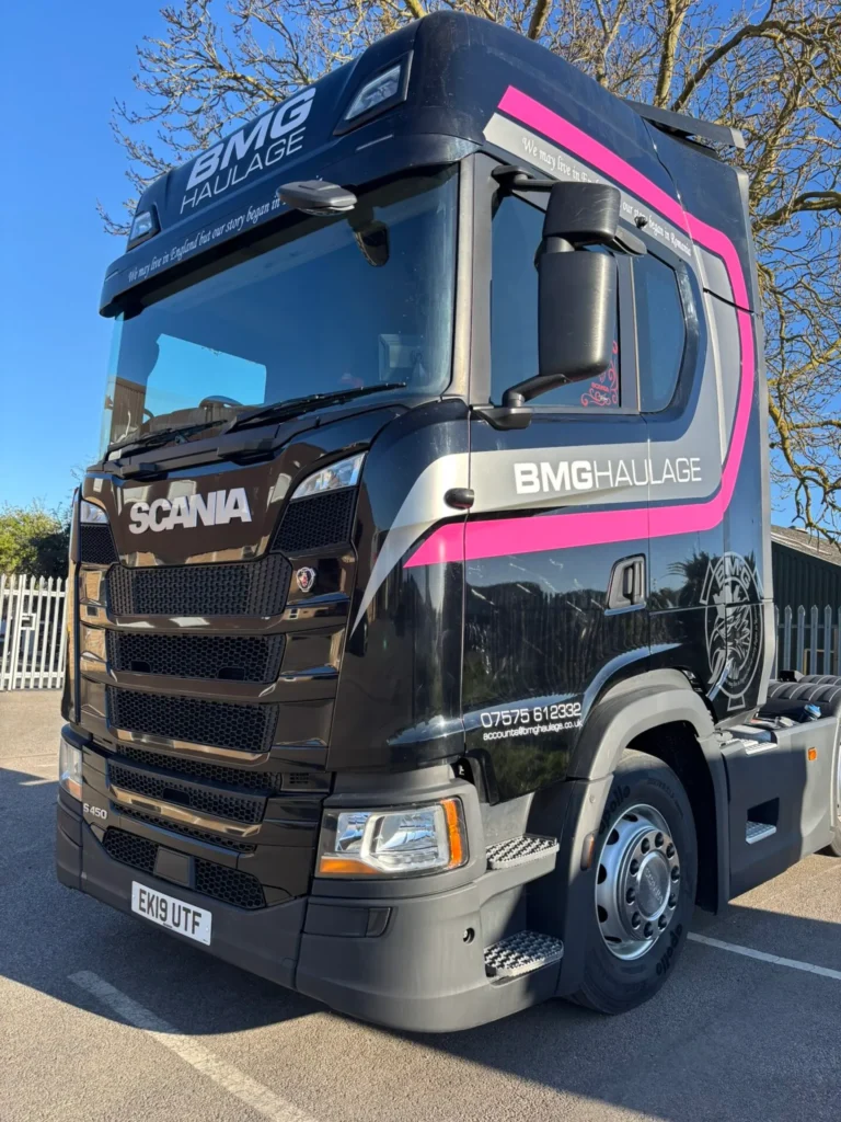 BMG Haulage truck cab with decorative graphics